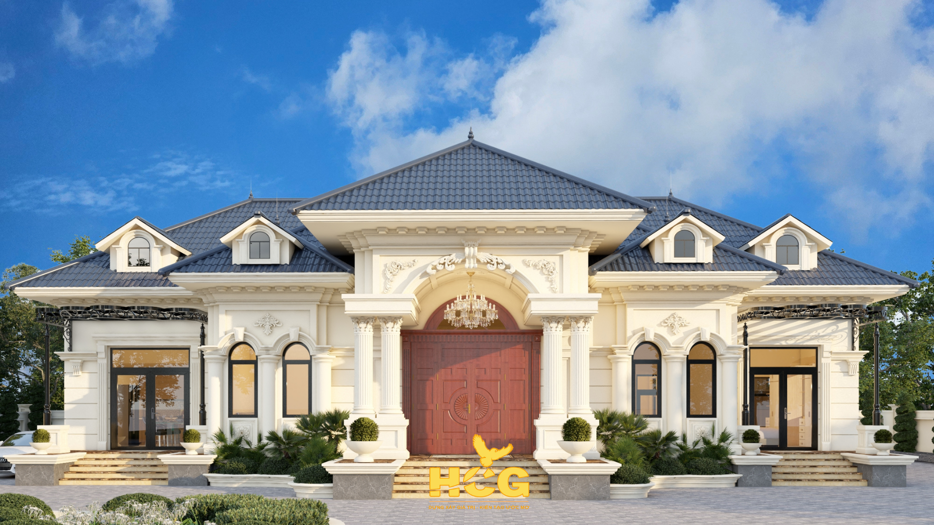 Bản thiết kế kiến trúc mặt tiền 3D mẫu biệt thự nhà vườn tân cổ điển với bố cục đăng đối, hệ cột và phào chỉ tinh xảo tạo nên vẻ đẹp sang trọng, bề thế. Hệ mái cao kết hợp sảnh trung tâm lớn giúp công trình nổi bật về hình khối, đồng thời tăng khả năng che nắng, thoát nước và đảm bảo tính bền vững lâu dài.