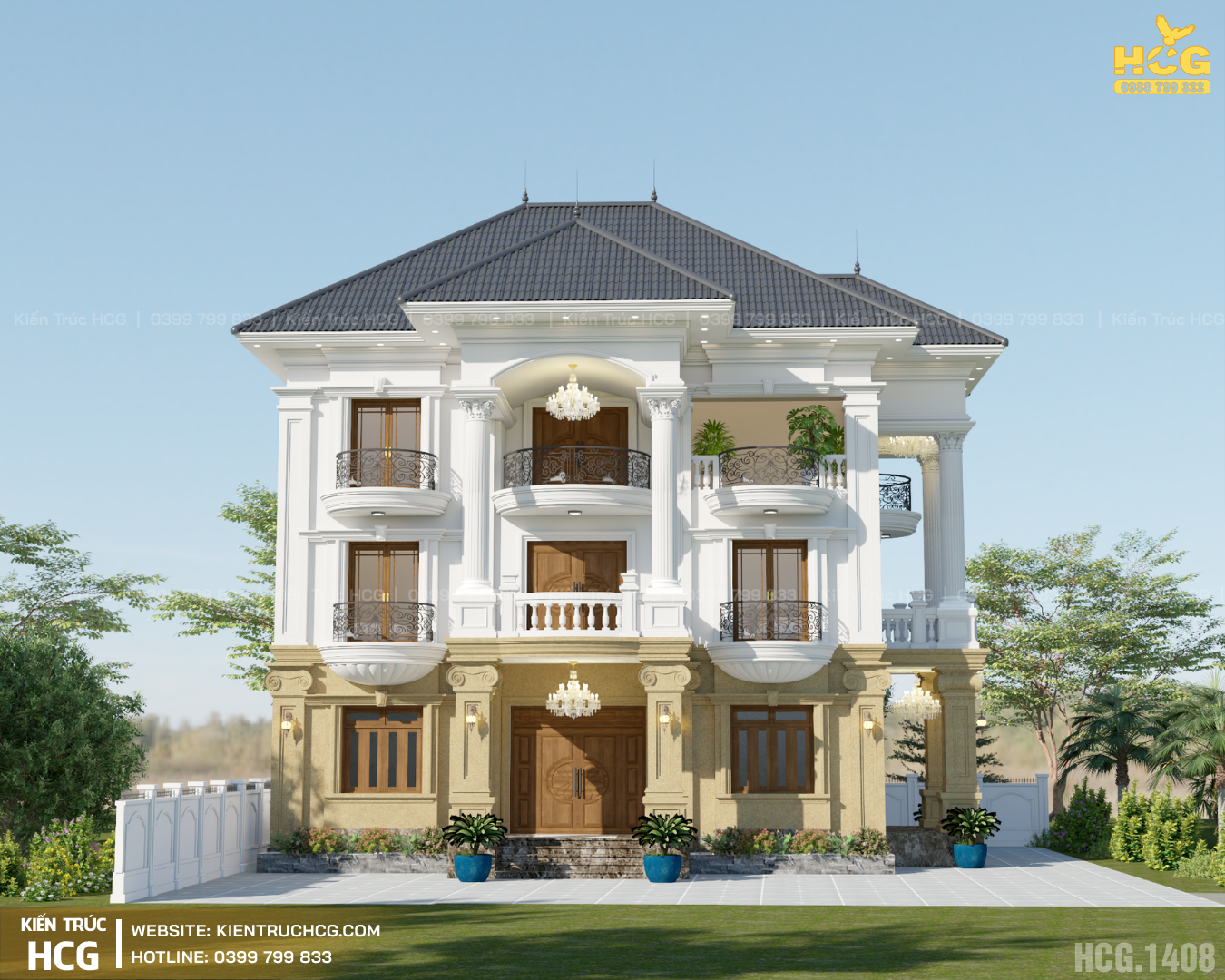 Biệt thự 3 tầng mái Nhật 9.6 x 15.4m đẹp sang trọng và tối ưu công năng | HCG.1408